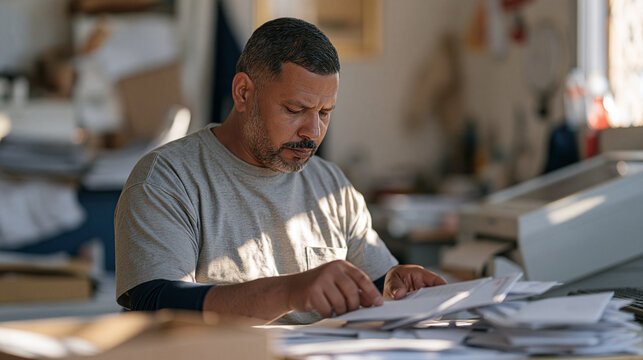 A Moroccan notary clerk feeding original document originals into a large-format scanner while simultaneously sorting certified copy sets into numbered client envelopes on a