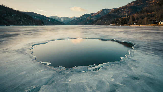 Icehole on frozen lake with mountains in the background