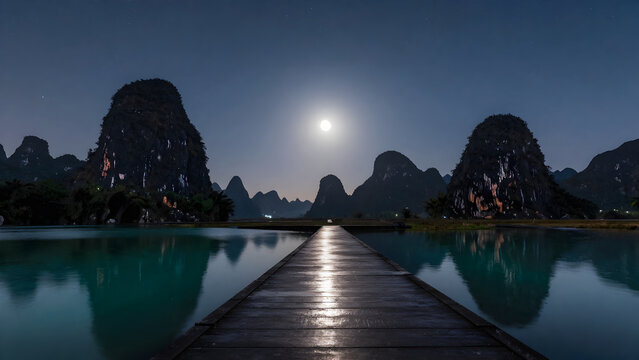 Moonlit karst landscape with wooden pier reflection at night
