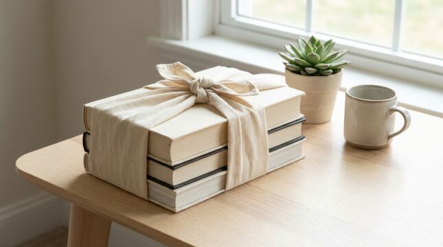 reusable fabric wrapping Books tied with fabric ribbon, succulent plant, and coffee mug on wooden table