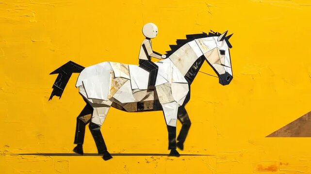 Textured paper collage of a horse and rider.