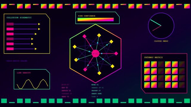 Complex AI fraud detection interface showing digital network nodes and animated graphs on a dark screen monitoring system performance within a professional data analytics software platform