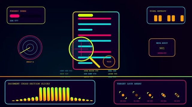Digital ai fraud detection systems monitor complex data sequences through illuminated neon graphics appearing on a dark screen to verify document integrity in real time