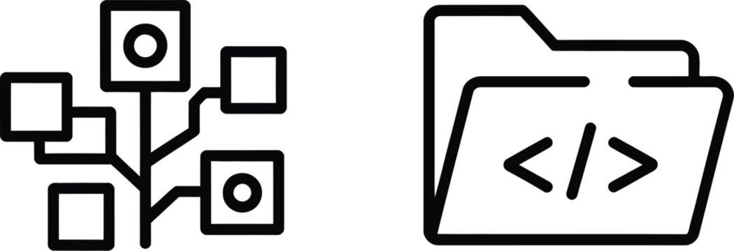 Software development project and folder code icons featuring line designs for web development, programming, file systems, coding, and applications.