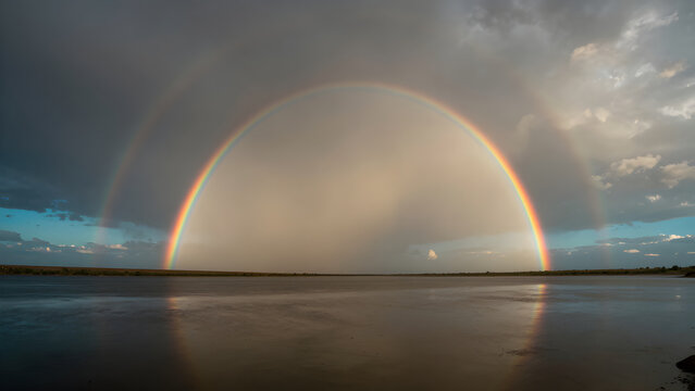 Vibrant double rainbow over a flat open landscape under cloudy sky
