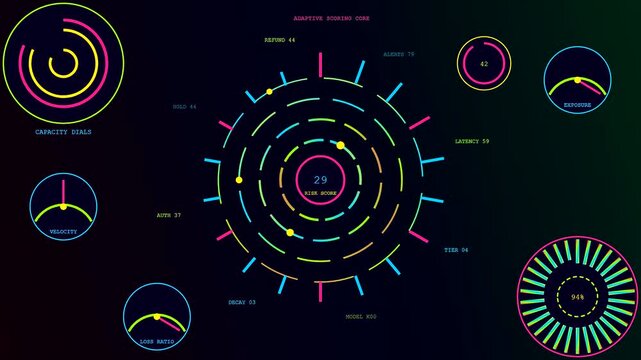 Innovative ai fraud detection systems displayed on a digital screen featuring circular graphs and concentric rings monitoring network activity patterns in a dark computer interface environment