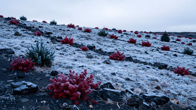 Snow covered rocky hillside with red low growing vegetation