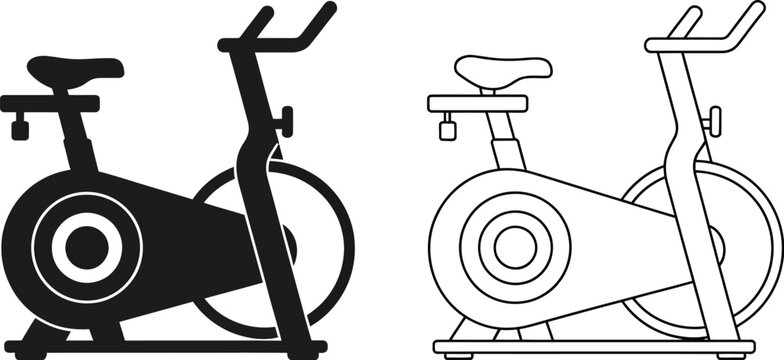Stationary exercise bike icon in silhouette and outline art styles for indoor cycling, fitness, workout, training, and vector design.