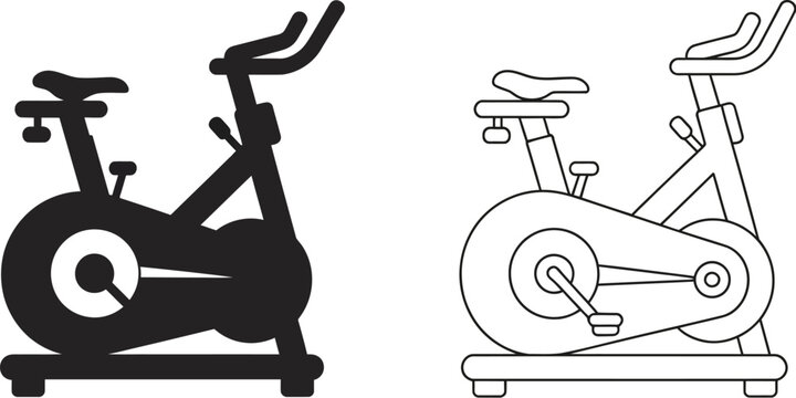 Stationary exercise bike icon in silhouette and outline art styles for indoor cycling, fitness, workout, training, and vector design.