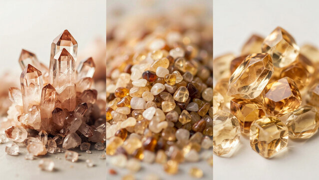 Natural citrine crystal clusters and tumbled gemstones on a neutral light background