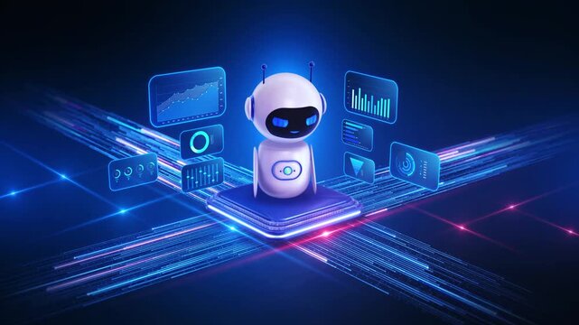 Smart robotic assistant stands virtual business revenue trends, statistics, intelligent agents, corporate automation, trading forecasts, cloud platforms, workflow optimization technology presentations