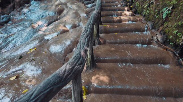 Water flowing over stone steps and smooth rock in tropical forest, Stream cascade running down natural stairs with wet texture and calm scenery 4k