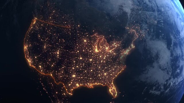 Metropolitan lights trace planet rotates dramatic cloud systems. satellite observation, electricity consumption, environmental research, transportation, economic development, planetary presentations.