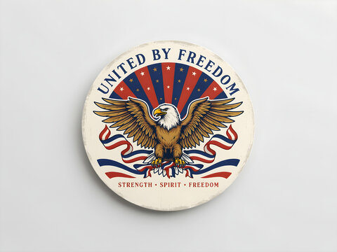 Eagle emblem with united by freedom motto and strength banner