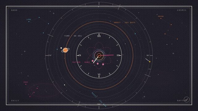 Orbital systems animation with atom electrons, clock hands, planet with rings and vinyl record rotating in concentric rings on dark silkscreen style