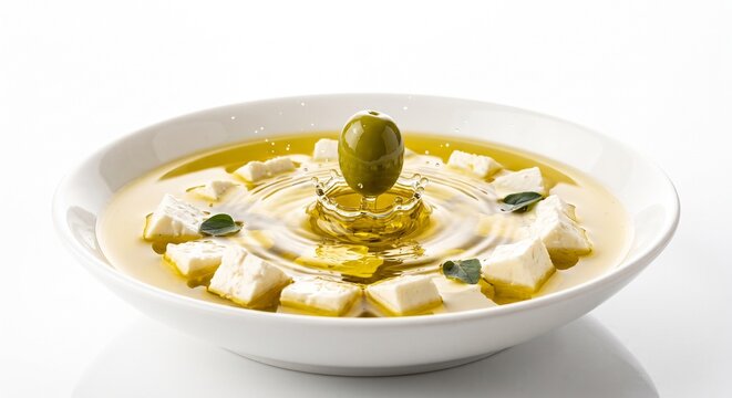 Green olive falling with a splash into a bowl of olive oil and feta cheese cubes