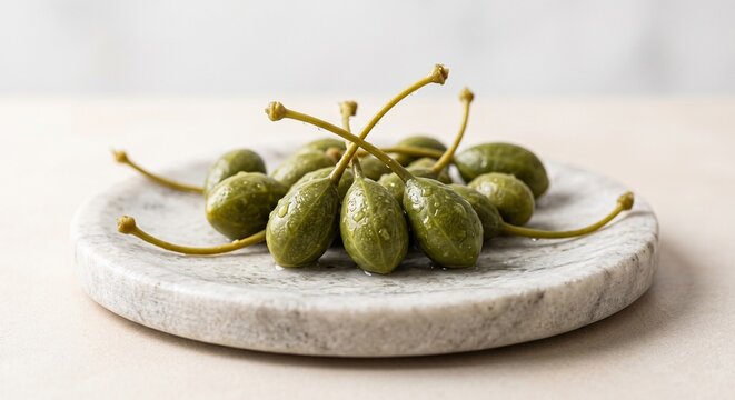 Pickled large caper berries with stems on a round marble plate