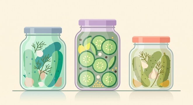 Flat vector illustration of three glass jars with pickled cucumbers and sliced gherkins