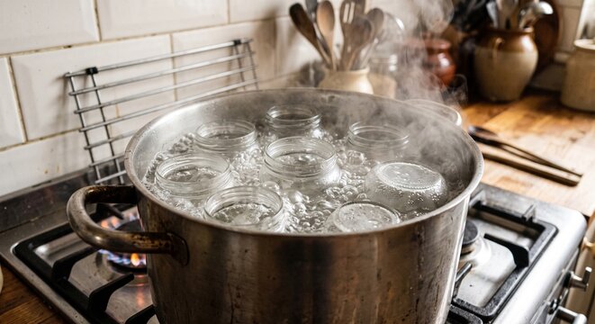 Sterilizing empty glass jars in a large pot of boiling water with steam on a kitchen stove