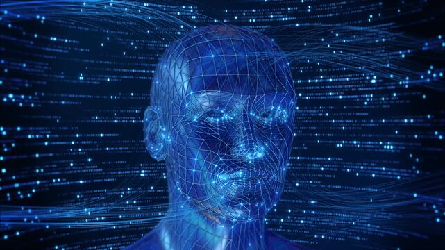 Polygon face streams binary code map its digital identity. biometric access, fraud prevention, deepfake detection, facial tracking, artificial intelligence ethics, security monitoring, virtual avatars