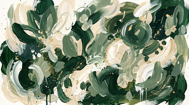 Christmas abstract shape background with layered overlapping hand painted forms in forest green and cream tones. Festive texture with expressive brush strokes for holiday design.