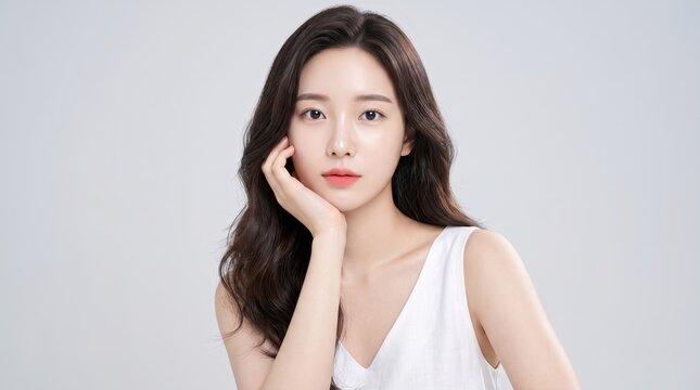Fresh Korean female model showing smooth glowing facial skin and natural cosmetic makeup for dermatology skincare concept.