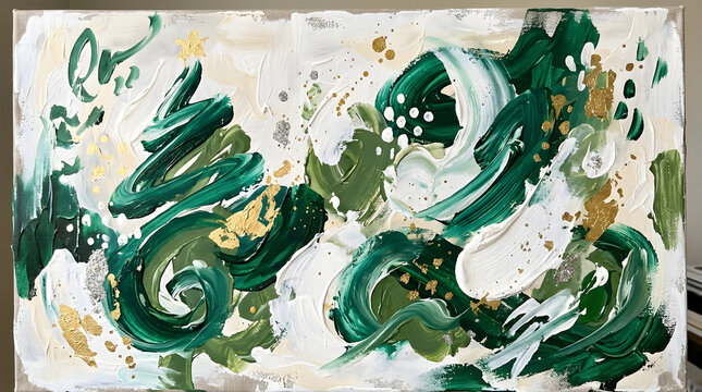 Christmas abstract shape background with bold gestural hand painted forms in emerald and soft white tones. Festive texture with expressive brush strokes for holiday design.