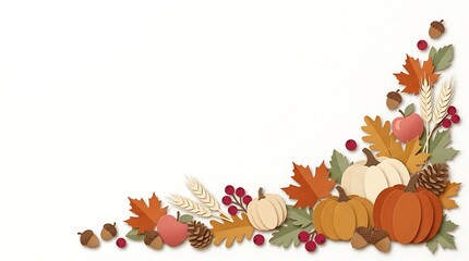 Fototapeta premium Autumn harvest decorative border featuring pumpkins leaves acorns and berries isolated on transparent background