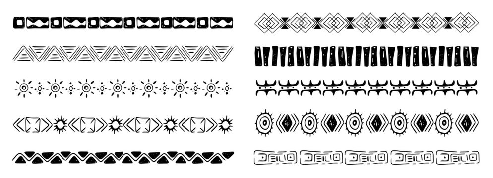 Tribal border set with African motifs crayon scribbles geometric patterns. Polynesian lines and ancient wave designs for ethnic decor projects.