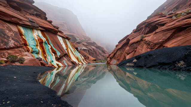 Reflective pool in red rock canyon under foggy conditions