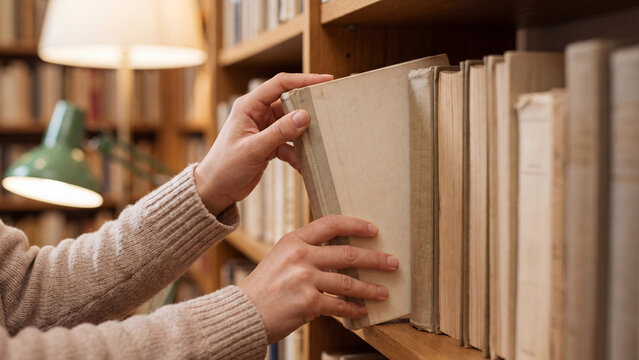 Library bookshelf illuminated by soft warm lamp light showing person touching aged paper book cover.