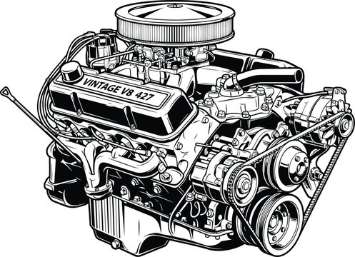 Vintage V8 car engine illustration, classic muscle car motor vector graphic design.