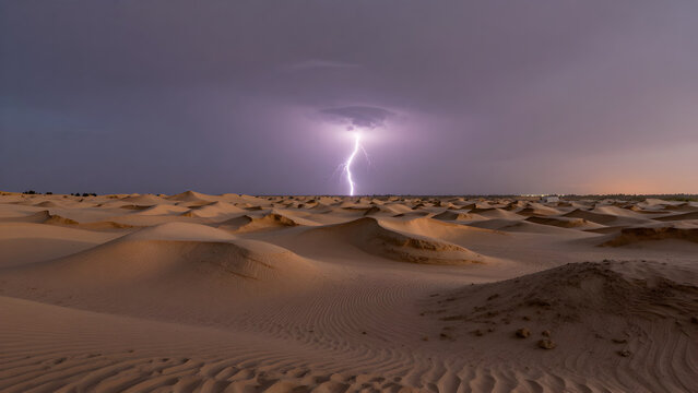 Lightning strikes over vast desert sand dunes at twilight