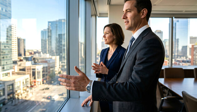 Professional business executives standing beside floor-to-ceiling windows in a modern corporate office, looking out toward a vibrant city skyline illuminated by bright sunlight. 