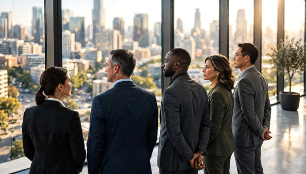 Professional business executives standing beside floor-to-ceiling windows in a modern corporate office, looking out toward a vibrant city skyline illuminated by bright sunlight. 