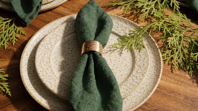 Holiday table setting with green napkins and cedar branches.