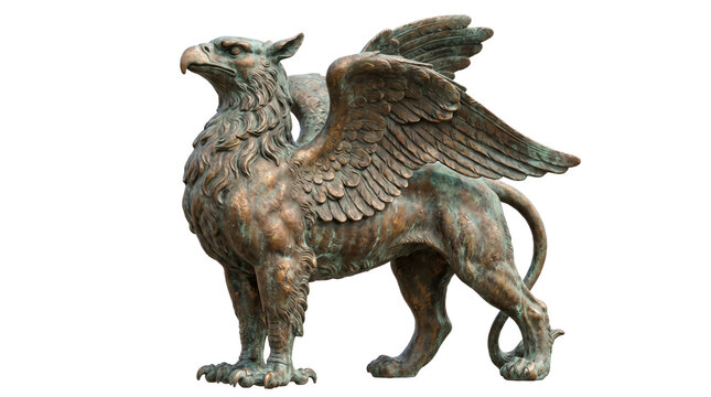 Bronze griffin statue with majestic wings, mythical creature sculpture in aged metal, legendary gryphon figure isolated on white background