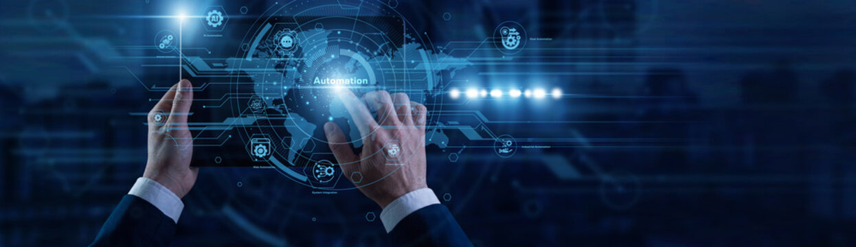 Robotics engineer touching the tablet controlling automated workflow optimization sequences and smart factory routines on virtual screen connected to global network. Industrial automation efficiency.
