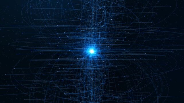 Fine blue paths cross central flare, particle network dark navy. scientific simulations, algorithm , communications, electromagnetic research, virtual systems, technical presentations, futuristic