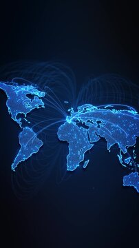 Bright routes connect continents hub digital world map. global networks, international , data transfer, cloud services, telecom, logistics, financial markets, worldwide business presentations. 3D 4K