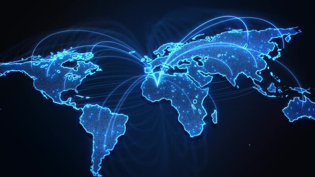 Bright arcs link distant regions map, international routes connected destinations. supply chains, aviation, shipping, trade, tourism, server networks, broadband infrastructure global transport reports