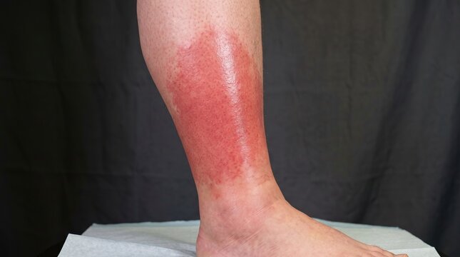 Red inflamed leg skin affected by cellulitis or eczema rash