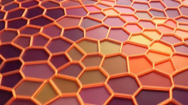 3D geometric hexagonal pattern in orange and red tones.