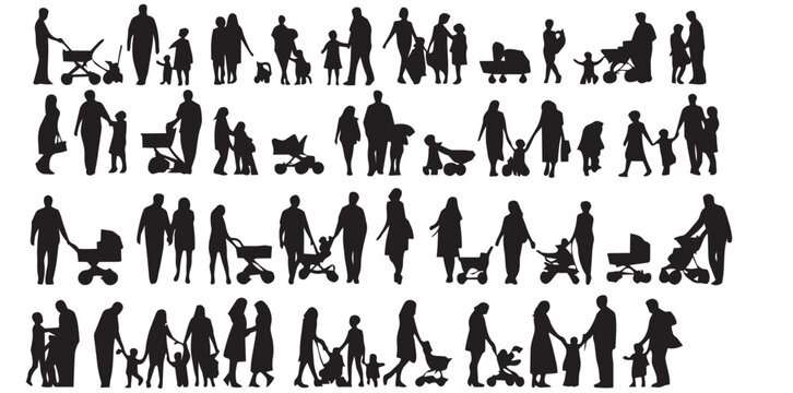 Family silhouettes illustrate parents walking together with babies, toddlers, and strollers in daily life.