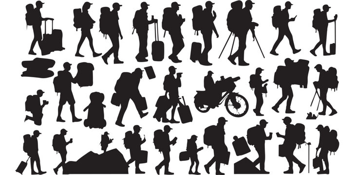 Traveler silhouettes show tourists and backpackers carrying luggage on outdoor hiking and adventure journeys.