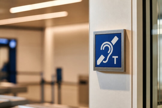 Hearing accessibility sign on wall in public building indicating assistive listening system for people with hearing impairment