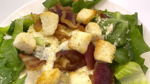Close Up Caesar Salad with Crispy Bacon, Croutons and Parmesan