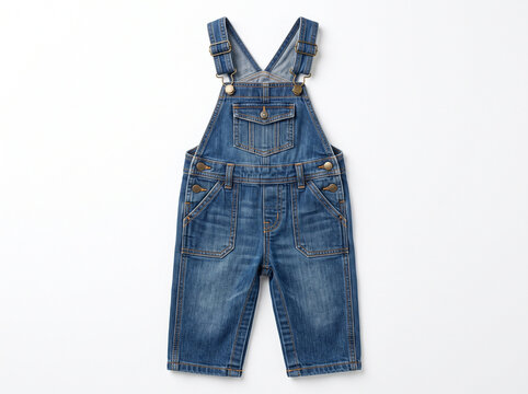 Children's blue denim overalls on a white background  