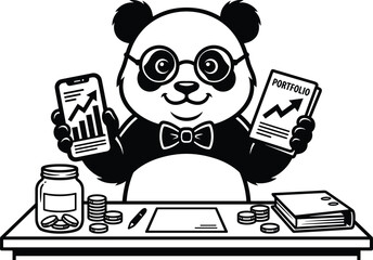 Cartoon panda investor wearing glasses and a bow tie, holding a smartphone and a financial portfolio document at a desk with coins © ADARI