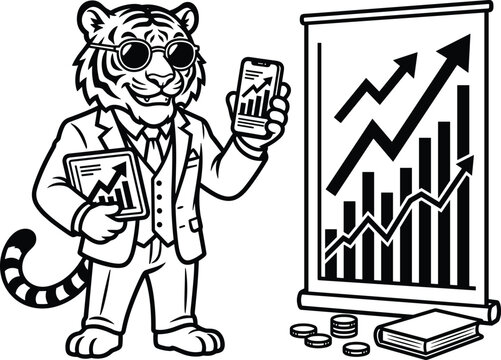 Cartoon tiger businessman in a suit and sunglasses holding a smartphone and a tablet with financial growth charts and graphs